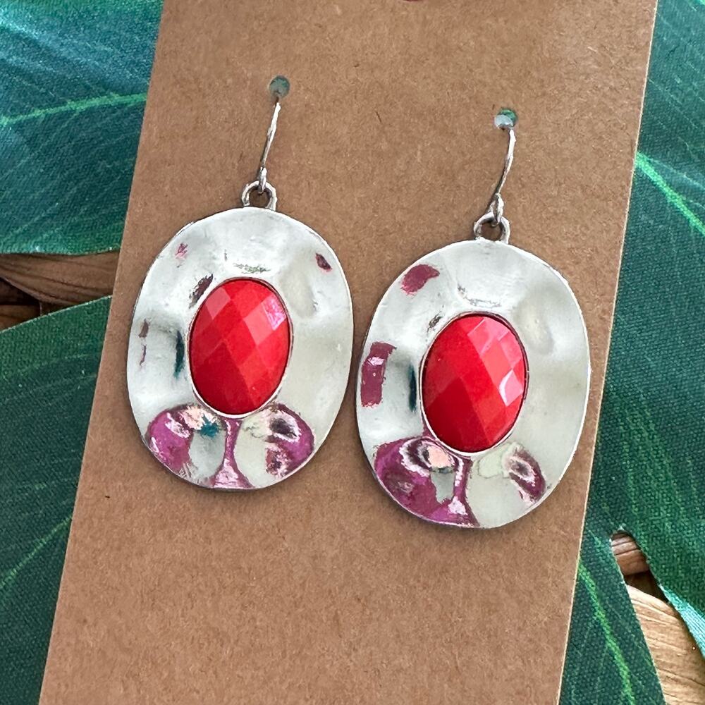 BOGO FREE Bohemian Style Metal Red Gemstone Asymmetrical Oval Shaped Earrings - Picture 3 of 6